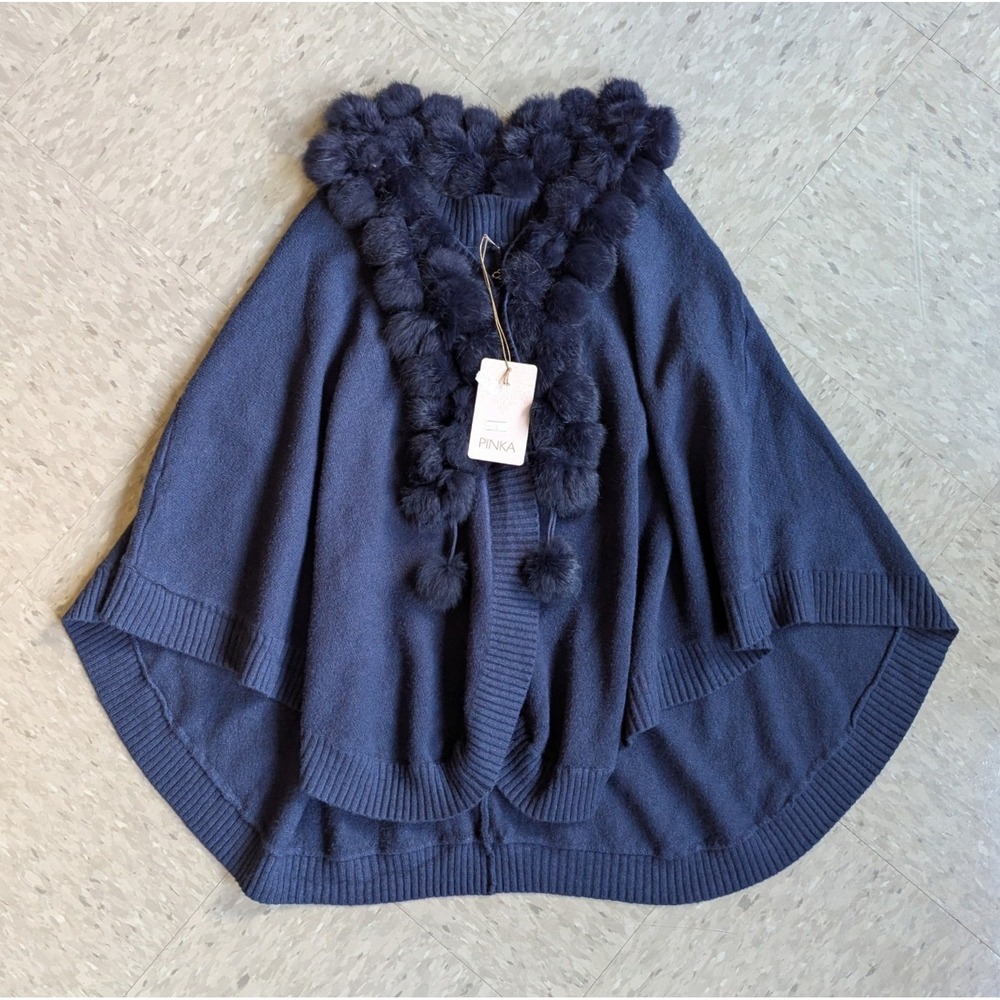 Pinka Navy Blue Faux Fur Trim Knit Cape Poncho Wrap Vintage Inspired NWT YS8426 - Picture 1 of 7